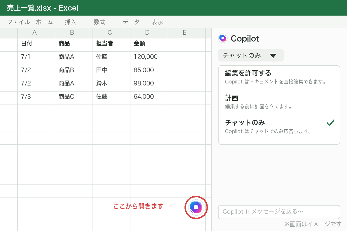 ExcelのCopilotの開き方と3つのモード(編集を許可する・計画・チャットのみ)の画面イメージ
