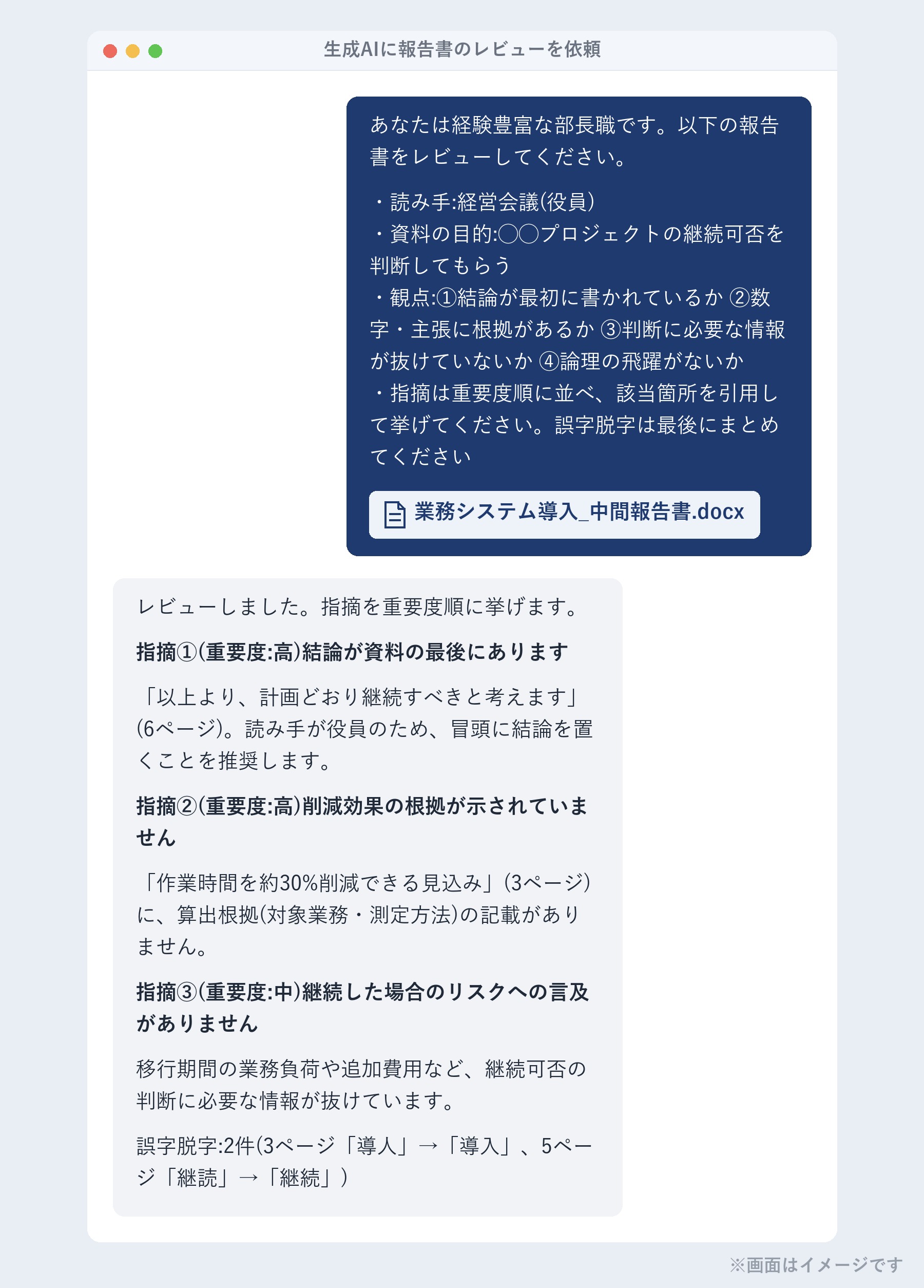 生成AIに報告書のレビューを依頼した画面(イメージ)