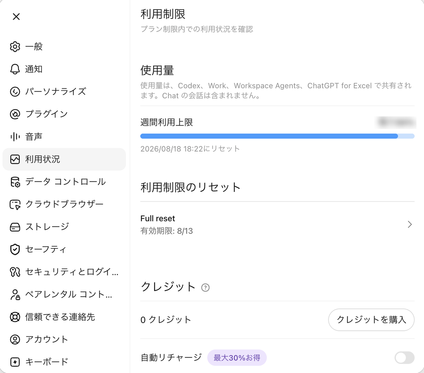 ChatGPTの設定にある「利用状況」の画面。使用量の共有についての説明、週間利用上限の残り、クレジット残高と自動リチャージの設定が表示されている