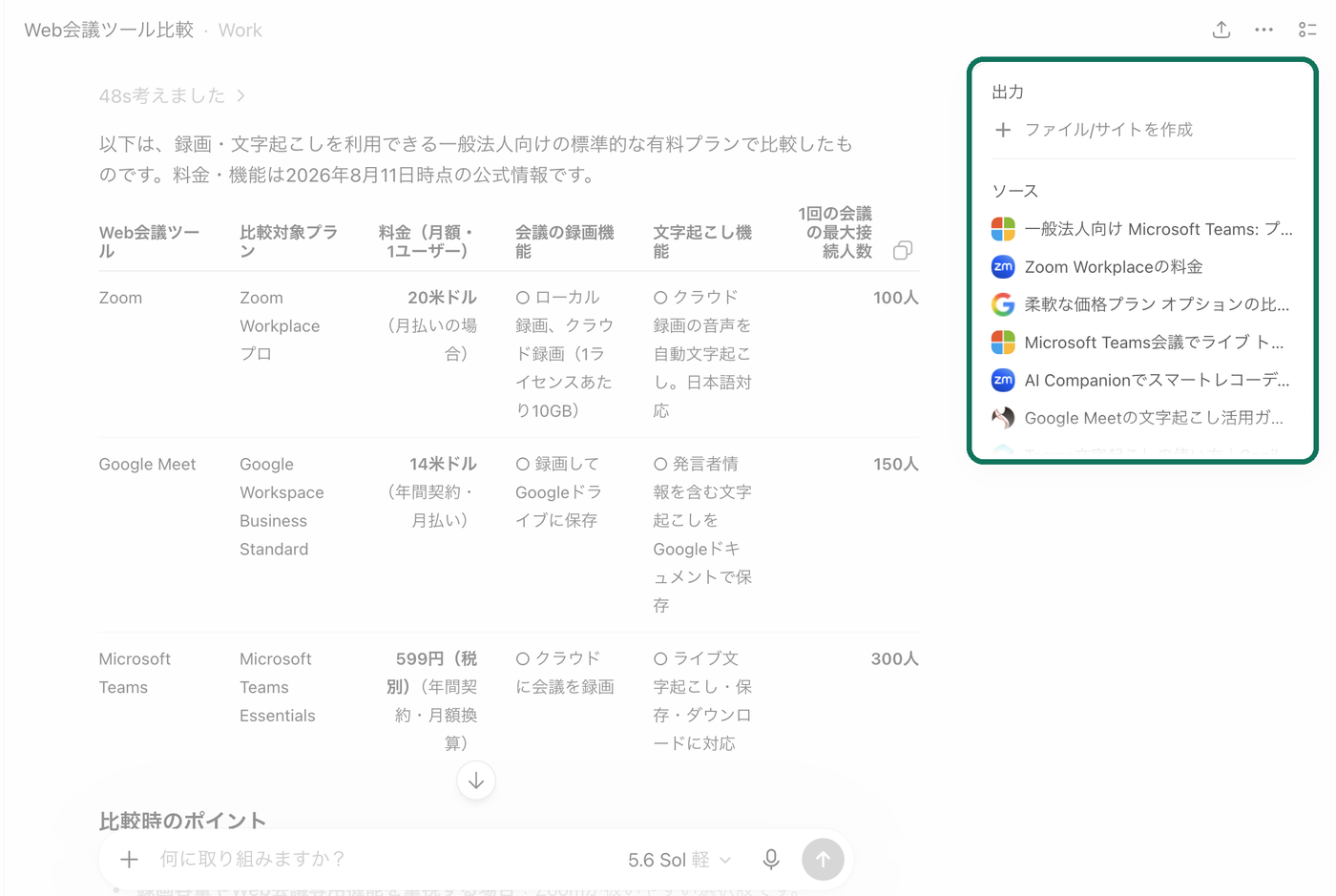ChatGPT Workが出力したWeb会議ツールの比較表と、右側で強調した「ソース」パネル