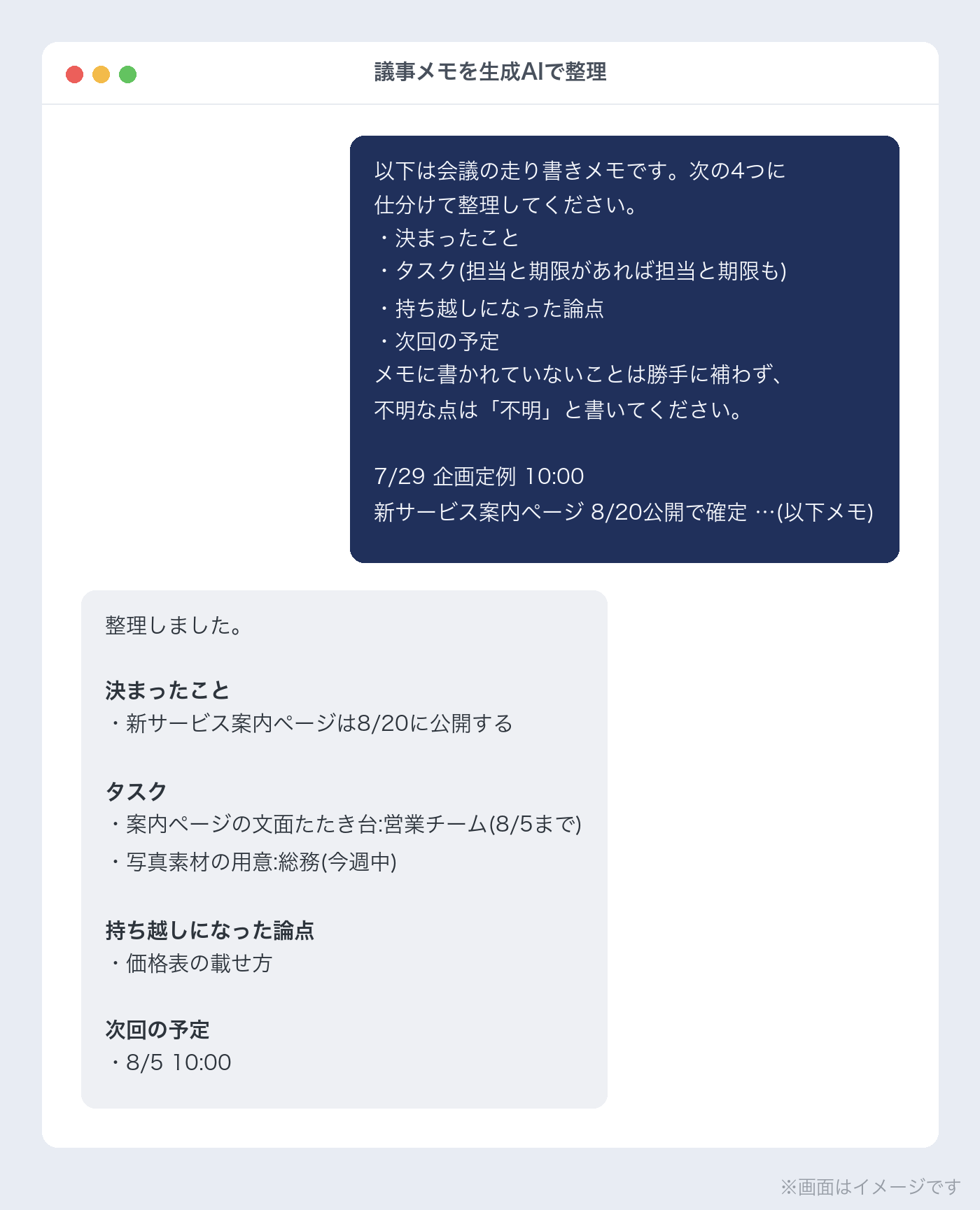 議事メモを4項目に仕分けた生成AIの出力画面