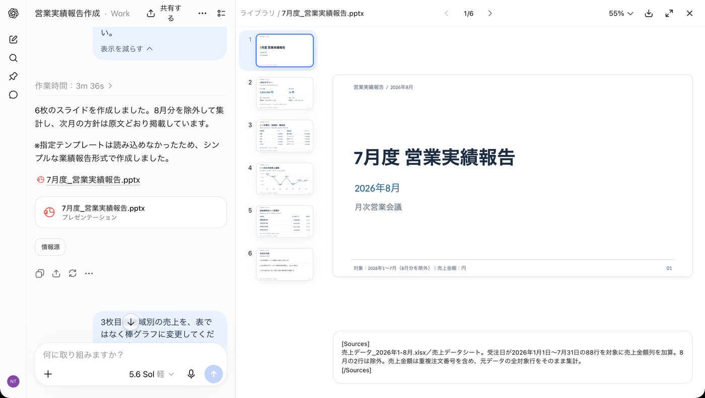 完成した画面。左に完成メッセージと作業時間、右にプレビューで表紙と6枚のサムネイルが表示されている