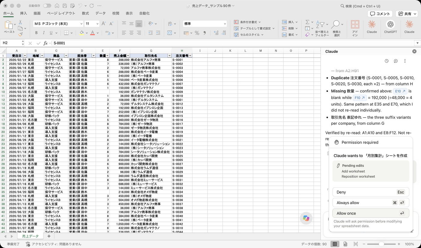 Permission requiredの画面。月別集計シートの作成についてDeny・Always allow・Allow onceの選択肢が表示されている