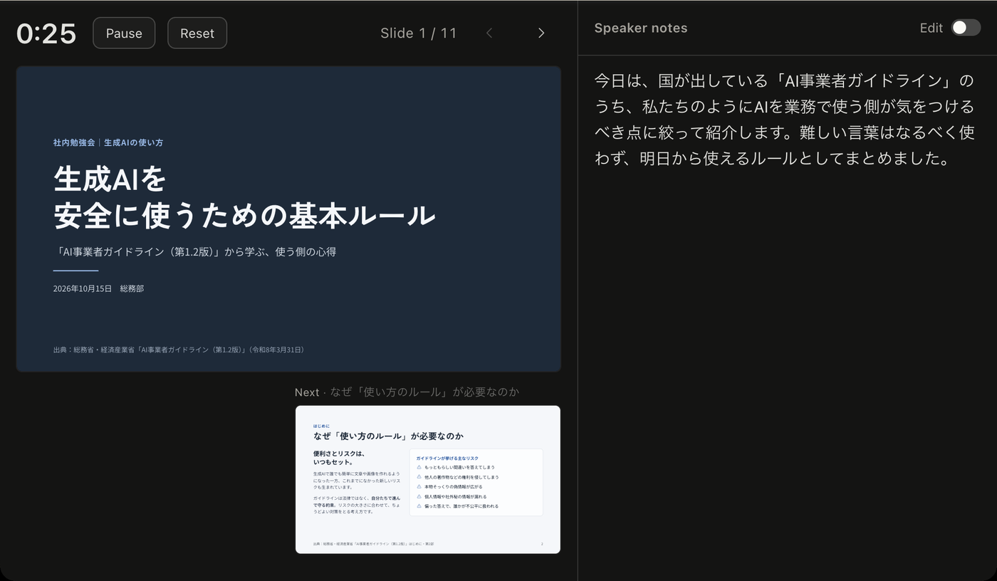 発表者用の画面。経過時間・現在のスライド・次のスライド・スピーカーノートが表示される