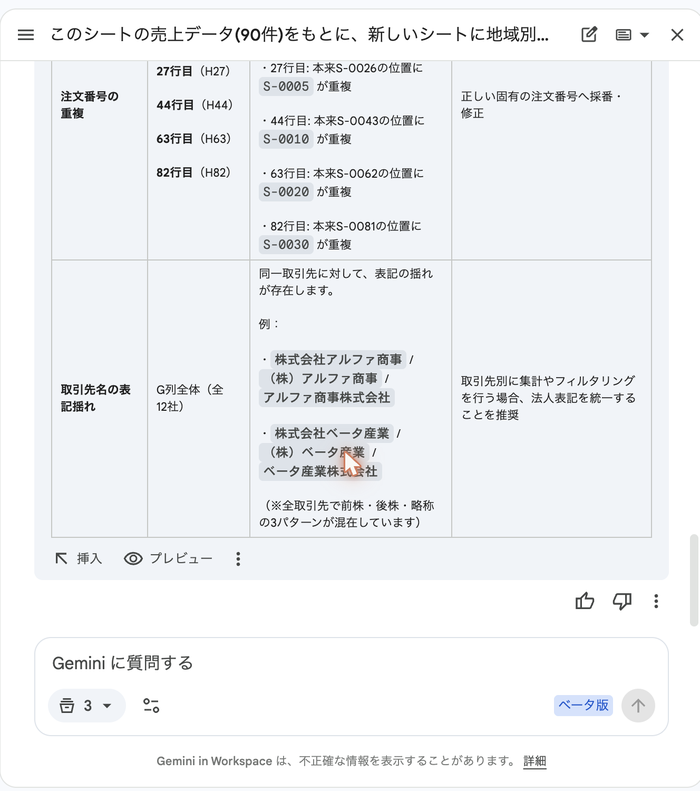 元データの不備の報告の続き。取引先名の表記揺れとして、株式会社アルファ商事・(株)アルファ商事・アルファ商事株式会社などの例が示されている
