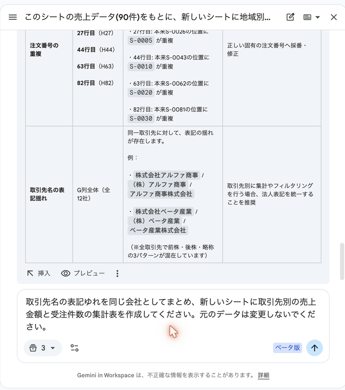 Geminiのパネルの入力欄に、取引先名の表記ゆれをまとめた集計表の作成を依頼するプロンプトが入力されている