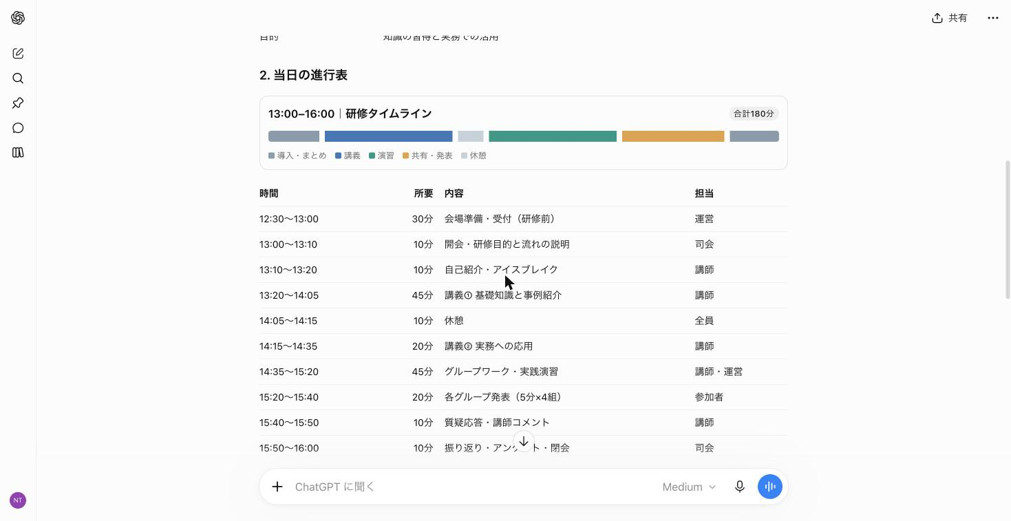 研修の時間配分を色分けした横棒のタイムラインと、時間・所要・内容・担当の進行表