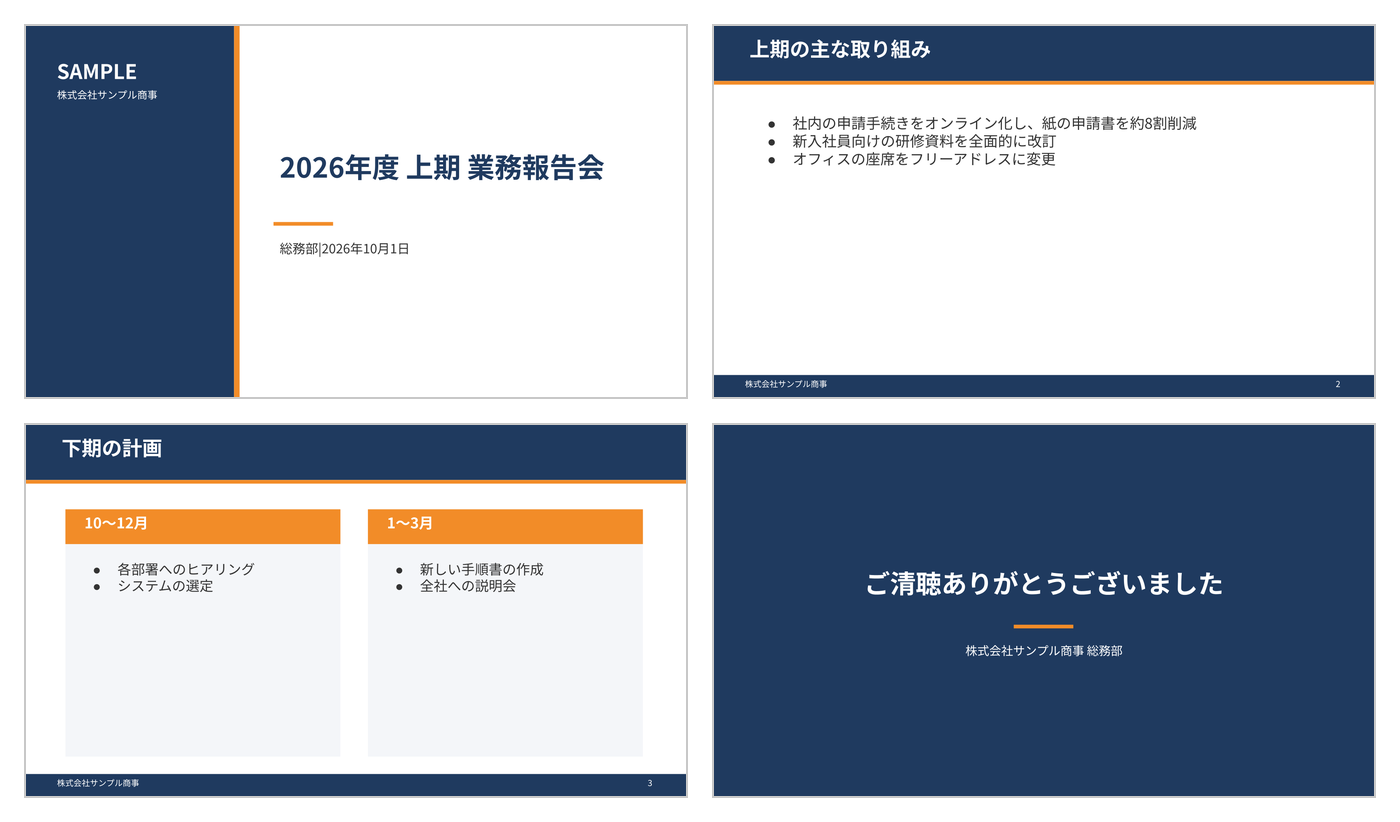 自社テンプレートの4枚のスライド。紺とオレンジの配色で、表紙・本文・2列の本文・最後のあいさつのレイアウトがある