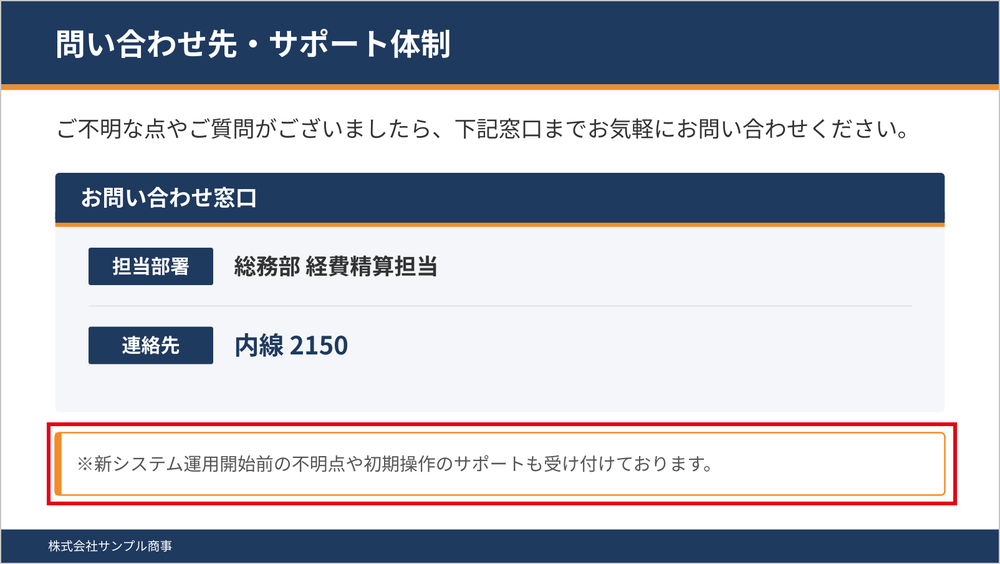 問い合わせ先・サポート体制のスライド。下部に「新システム運用開始前の不明点や初期操作のサポートも受け付けております」という注記がある