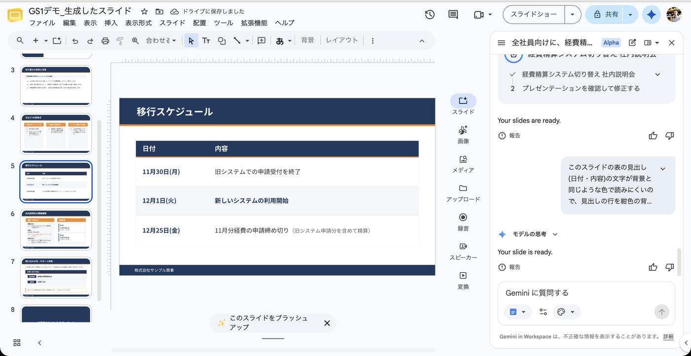 置き換えた後の移行スケジュールのスライド。表の見出しが読めるようになっている