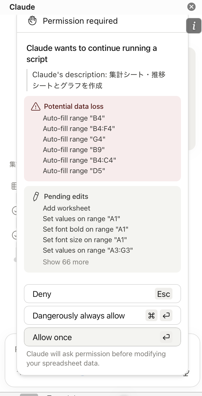 Claude for Excelの許可の画面。作成するシートの説明と編集するセルの一覧の下に、Deny、Dangerously always allow、Allow onceのボタンがある