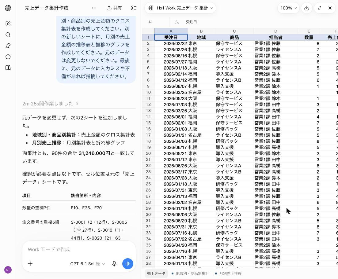 ChatGPT Workの回答と、作成されたExcelのファイルのプレビュー。回答には追加した2つのシートと、確認が必要な点の表が示されている