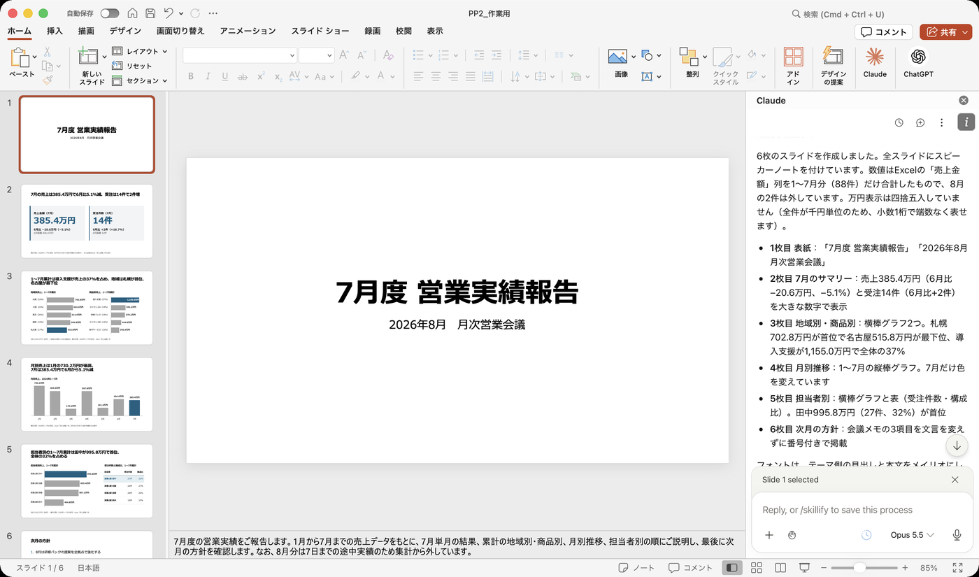 完成した画面。左にスライドの一覧、右のサイドバーに作成したスライドの説明が表示され、下部にスピーカーノートがある