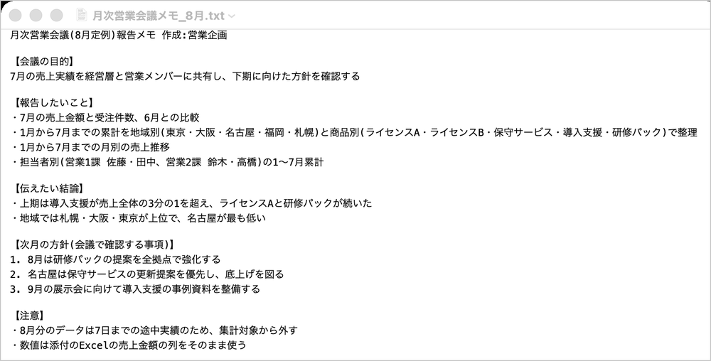 テキストの会議メモ。会議の目的、報告したいこと、伝えたい結論、次月の方針、注意の見出しごとに内容が書かれている