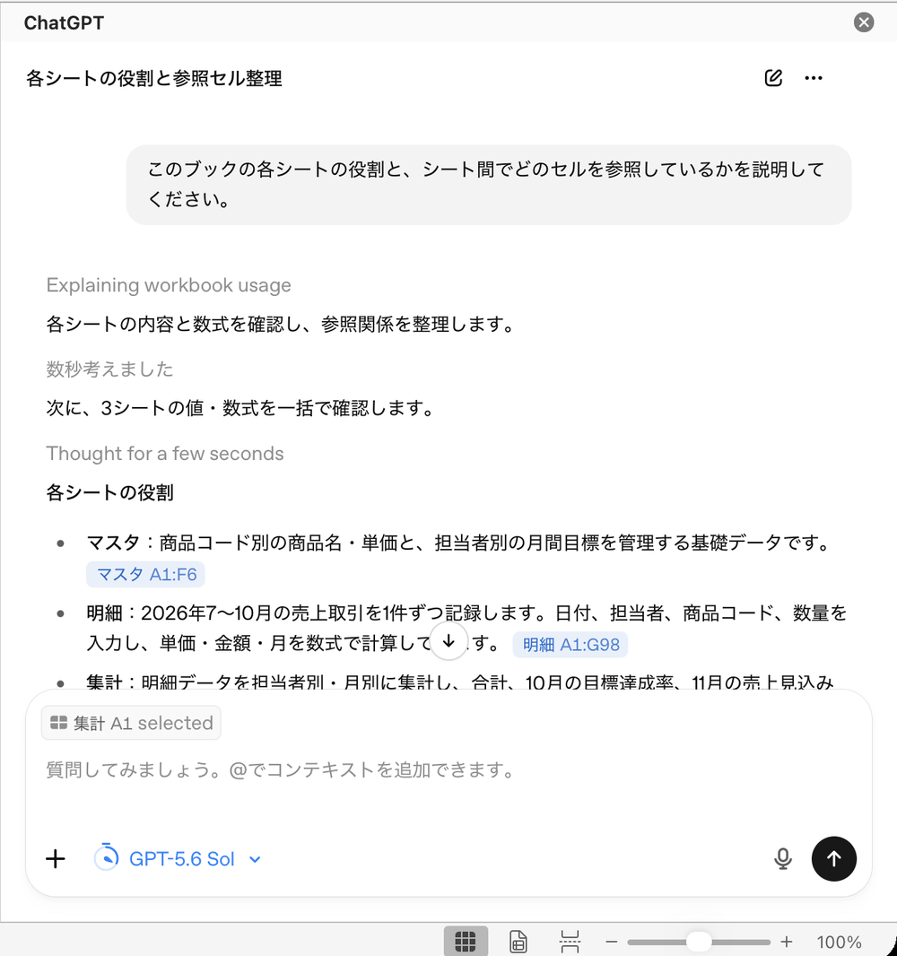 各シートの役割の説明。マスタ、明細、集計のそれぞれが何を管理しているか