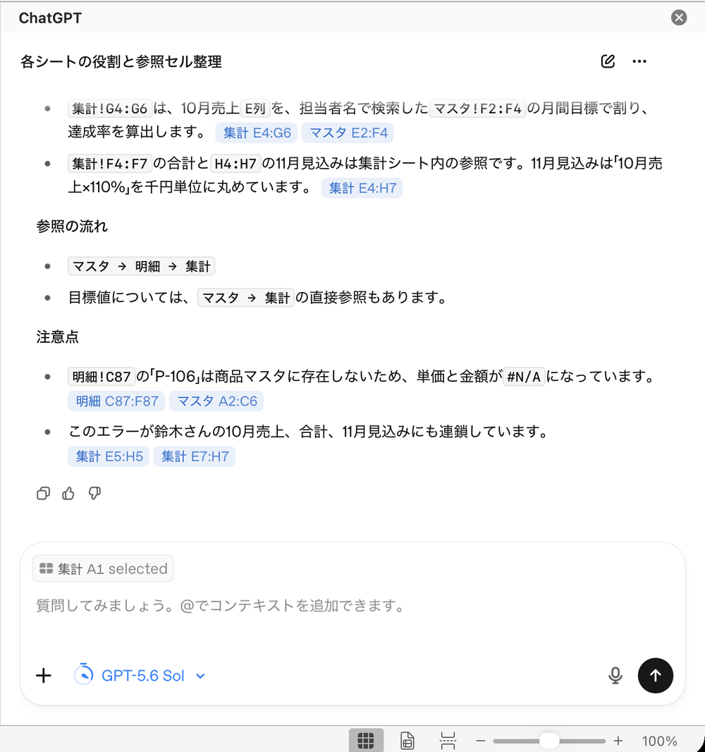 参照の流れと注意点。商品コードP-106がマスタにないため#N/Aになり、集計にも連鎖している